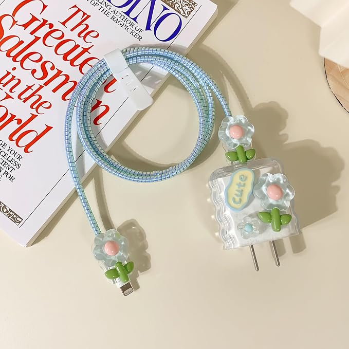 Lovmooful Compatible for iPhone 18W/20W USB-C Charger Cover Clear Lovely 3D Flower Floral Bowknot Soft Charger Protector Cute Cable Case Saver Protector for Girls Women-(Blue Flower) 2