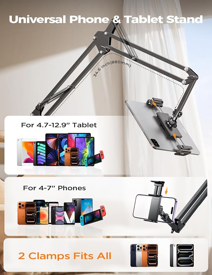LISEN Tablet Stand iPad Stand for Desk Mount [Ultra Sturdy 2 Clamps] iPad Holder for Tablet Holder Mount Desk Accessories for Men fits iPad Air, iPad 12, iPhone 17e, 4-13" Device (Black)