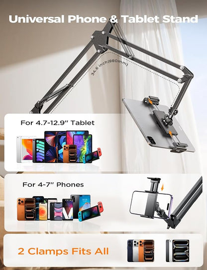 LISEN Tablet Stand iPad Stand for Desk Mount [Ultra Sturdy 2 Clamps] iPad Holder for Tablet Holder Mount Desk Accessories for Men fits iPad Air, iPad 12, iPhone 17e, 4-13" Device (Black)