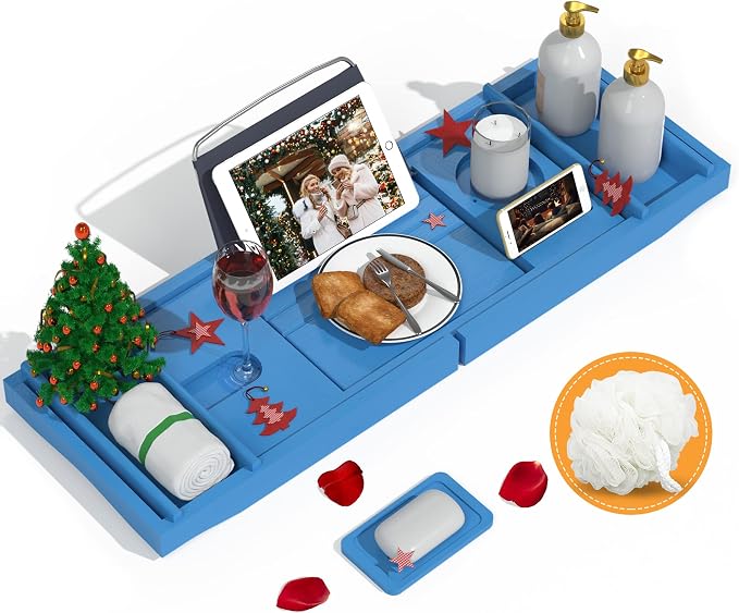 Domax Bathtub Caddy Tray - Expandable Bamboo Tub Tray for Luxury Spa Bath with Book Holder Free Soap Dish Blue