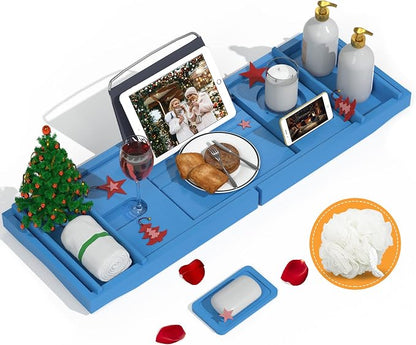 Domax Bathtub Caddy Tray - Expandable Bamboo Tub Tray for Luxury Spa Bath with Book Holder Free Soap Dish Blue