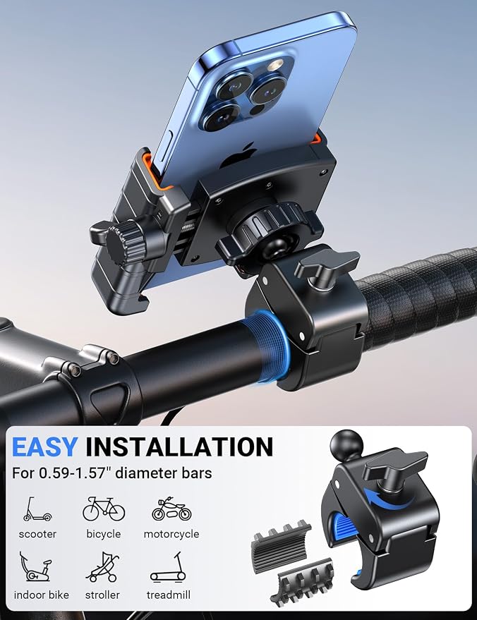 Coolpow Bike Phone Holder for Bike【Camera Friendly】 Ultra Stable Motorcycle Phone Mount【1s Lock】 Bike Cell Phone Holder Clamp for iPhone 17 Pro Max 16 15 14, All 4.7-7" Smartphones