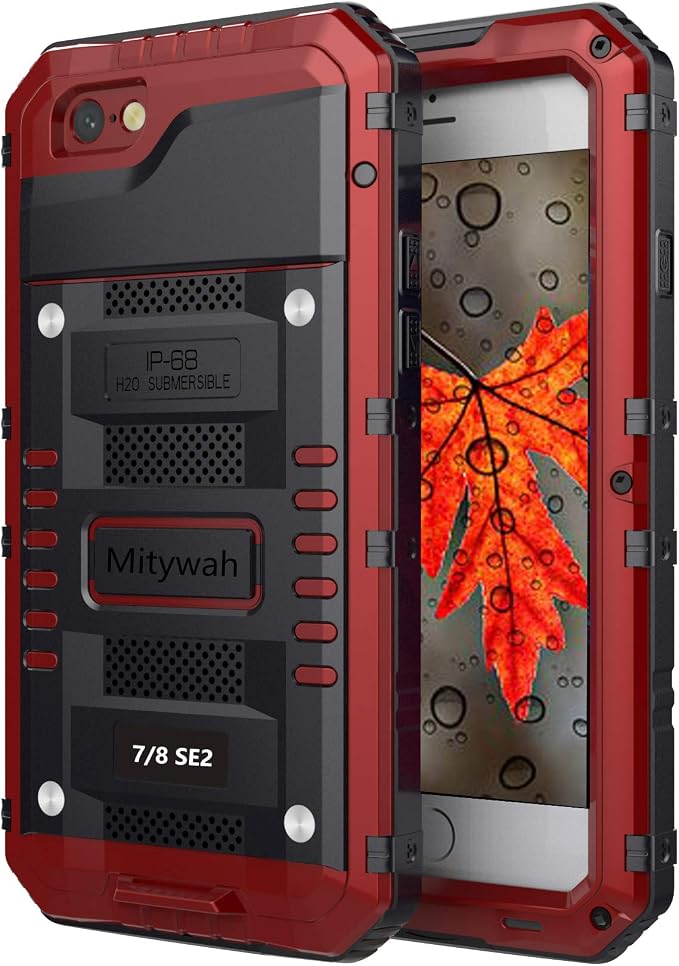 Mitywah Waterproof Case for iPhone SE 2020, Heavy Duty Military Grade Armor Metal Case, Full Body Protective Shockproof Dustproof Strong Rugged Thick Case for iPhone SE2, Red