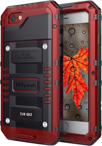 Mitywah Waterproof Case for iPhone SE 2020, Heavy Duty Military Grade Armor Metal Case, Full Body Protective Shockproof Dustproof Strong Rugged Thick Case for iPhone SE2, Red