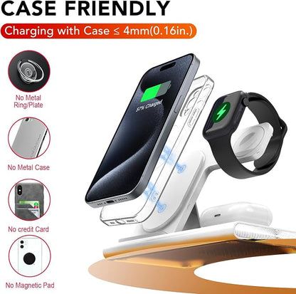3 in 1 Foldable Charging Station for Apple Products,Wireless Charger for iPhone 17 16 15 14 13 12 Pro Max,Travel Dock Adapter&Light for iWatch Series 11 10 9 Ultra 3/2 SE 3/2,for AirPods 4 3 2 Pro 3/2