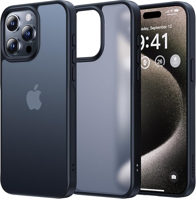 CASEKOO for iPhone 15 Pro Case, [Never Yellow Technology] [Mil-Grade Drop Protection] Translucent Slim Cover Women Men for iPhone 15 Pro Phone Case 6.1 inch, Frosted Black