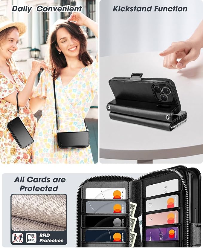 OCASE for iPhone 17 Pro Max Crossbody Wallet Case - Stylish PU Leather Handbag Phone Purse with Zipper Closure, Card Slots & RFID Blocking - Wrist Strap, Lanyard, Kickstand -, Black
