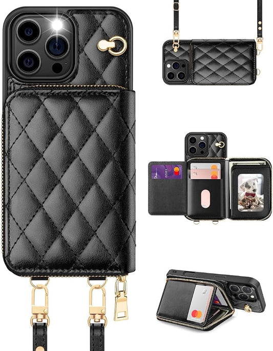 OCASE Compatible with iPhone 16 Pro Max Crossbody Wallet Case with Card Holder, PU Leather Zipper Handbag Phone Purse with RFID Blocking Kickstand Wrist Strap Lanyard 6.9 Inch, Diamond Check Black
