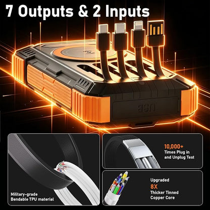 Solar Power Bank 49800mAh Portable Wireless Charger with USB-C 22.5W Fast Charging Built in 4 Cables Compatible with iPhone, iPad, Bright LED Flashlight Perfect for Camping