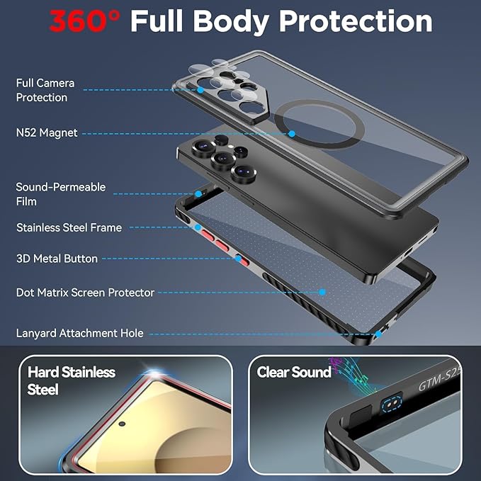 WIFORT for Samsung Galaxy S25 Ultra Waterproof Case Magnetic, [Rugged Stainless Steel] [Fit for MagSafe] [Screen Protector & Lanyard], Heavy Duty Protection Water Proof Metal Phone Cover - 6.9" Black
