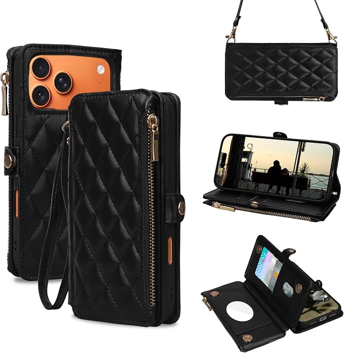 Rssviss Crossbody Wallet Case for iPhone 17 Pro Max 6.9", with Make Up Mirror, Wrist Strap, Zipper Purse Magnetic Flip, RFID Blocking Card Holder Kickstand, PU Leather Shockproof Women, Black