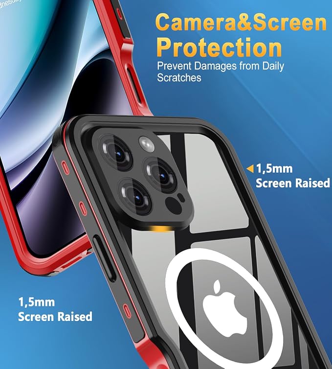for iPhone 16 Pro Max Case Waterproof | Shockproof Dust Proof Phone Case Cover with Screen Protector for iPhone 16 Promax - Red