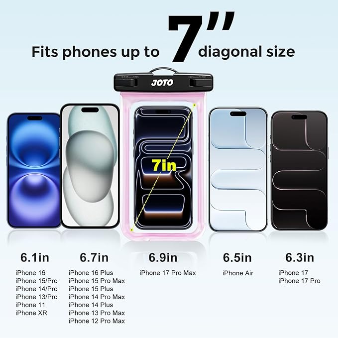 JOTO 2 Pack Waterproof Phone Pouch Case Up to 7", IPX8 Underwater Phone Case Cellphone Dry Bag for iPhone 17/Air 16 15 14 13 12 Pro Max Xs Max XR X 8 7 6S Plus SE/Galaxy S24 S23 S22 -Clearpink