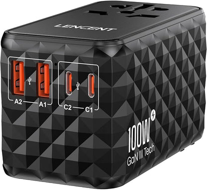 LENCENT 100W International Travel Adapter, GaN Universal Travel Adapter | with 2 USB-A & 2 Type C Power Adapter, Fast Charger for Phone,Laptops, Worldwide Plug Adapter for USA/UK/EU/AUS, Black