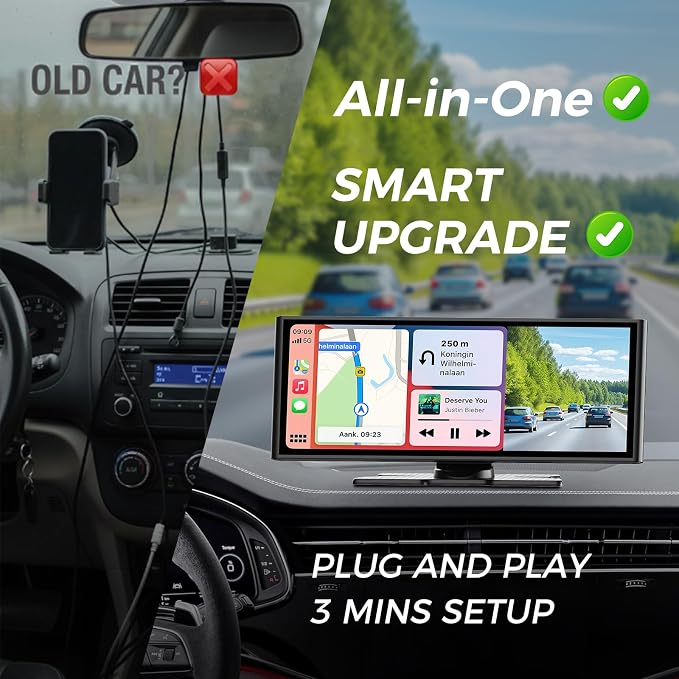 10.26 Inch Carplay Screen for Car, Compatible with Apple CarPlay & Android Auto, 4K Dash Cam & HD Backup Camera, Bluetooth, Navigation, Mirror Link, Voice Control, Carplay Tablet for Cars/Trucks