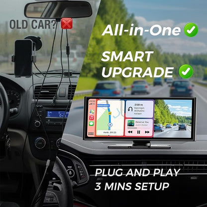 10.26 Inch Carplay Screen for Car, Compatible with Apple CarPlay & Android Auto, 4K Dash Cam & HD Backup Camera, Bluetooth, Navigation, Mirror Link, Voice Control, Carplay Tablet for Cars/Trucks