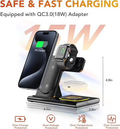 3 in 1 Charging Station for iPhone 17 - Wireless Charger for Apple Devices for iPhone 17 16 15 14 13 12 11 Pro Max - Foldable Wireless Charging Station Dock Stand for Apple Watch Series & AirPods