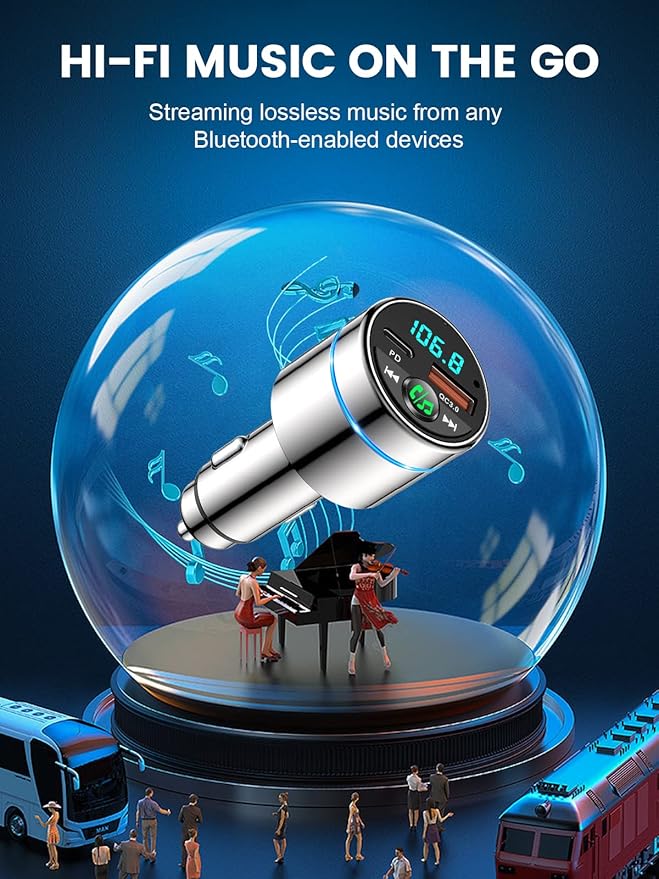 FM Transmitter for Car Bluetooth 5.3, [All-Metal] PD 30W & QC3.0 18W Fast Car Charger, Wireless FM Radio Kit Bluetooth Car Adapter, Noise Cancelling Hands-Free Call, Blue Light - Silver