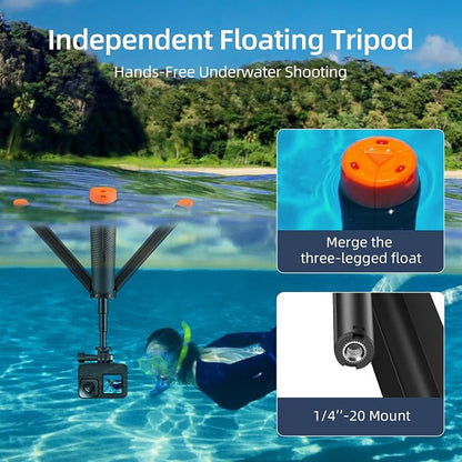 Floating Selfie Stick Hand Grip Tripod, Waterproof Extendable Selfie Monopod for GoPro Hero 13, 12, 11, 10, 9, 8, DJI OSMO Action 5 Pro 4 3、Insta360 Ace Pro 2 and Most Action Camera
