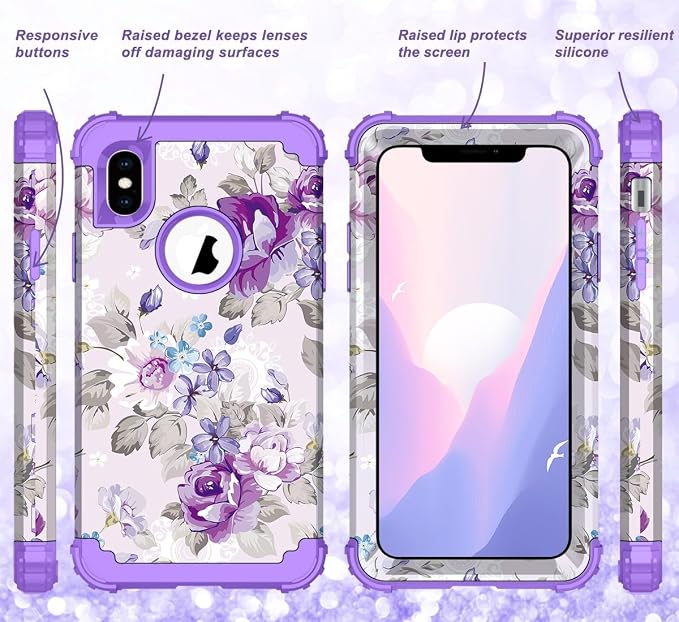 Hocase for iPhone Xs Max Case, Heavy Duty Shockproof Protection Soft Silicone Rubber+Hard Plastic Bumpers Hybrid Protective Case for iPhone Xs Max (6.5") 2018 - Lavender Flowers