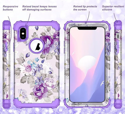Hocase for iPhone Xs Max Case, Heavy Duty Shockproof Protection Soft Silicone Rubber+Hard Plastic Bumpers Hybrid Protective Case for iPhone Xs Max (6.5") 2018 - Lavender Flowers