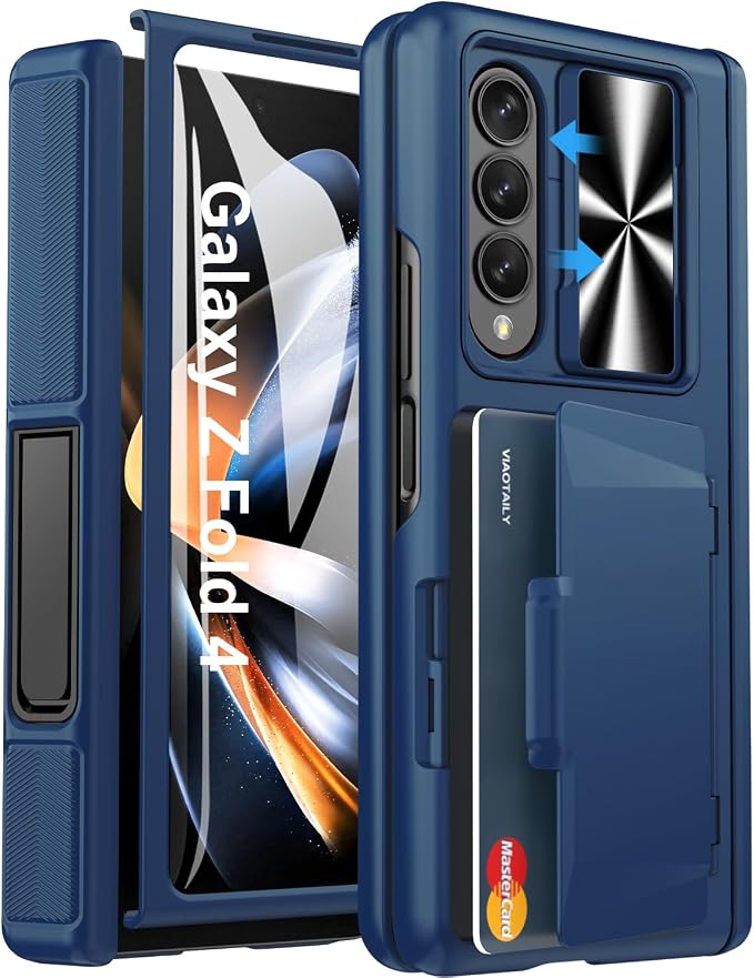 Viaotaily Kickstand Designed for Galaxy Z Fold 4 Case, Built-in Card Holder & Camera Cover & Hinge Protection, Upgrade Shockproof Durable Wallet Rugged Phone Case for Galaxy Z Fold4 2022,Blue