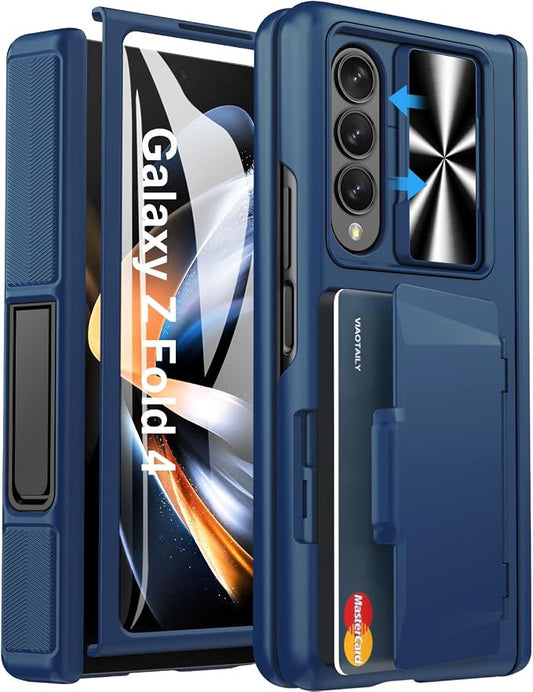 Viaotaily Kickstand Designed for Galaxy Z Fold 4 Case, Built-in Card Holder & Camera Cover & Hinge Protection, Upgrade Shockproof Durable Wallet Rugged Phone Case for Galaxy Z Fold4 2022,Blue