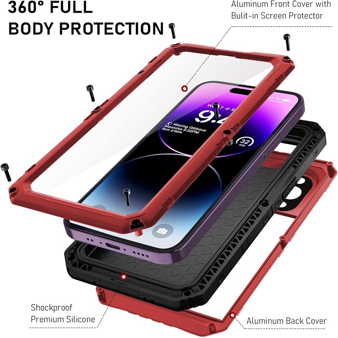 Beasyjoy for iPhone 14 Pro Max Waterproof Case, Metal Heavy Duty Case with Built-in Screen Protector, Full Body Protective Military Grade Shockproof Dustproof Defender Rugged Case 6.7 Inch, Red