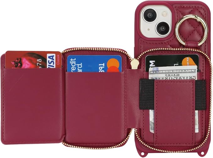 Crossbody Wallet Case for iPhone 14, PU Leather Zipper Handbag Purse Flip Cover, Kickstand Folio Case with Card Slots Holder Wrist Strap Lanyard 5G 6.1 Inch-Dark red