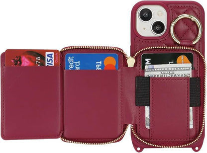 Crossbody Wallet Case for iPhone 14, PU Leather Zipper Handbag Purse Flip Cover, Kickstand Folio Case with Card Slots Holder Wrist Strap Lanyard 5G 6.1 Inch-Dark red