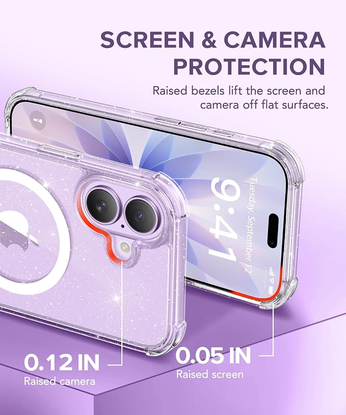 BERFY for iPhone 17 Case for Women, Clear Glitter Shockproof Protective Case, Anti-Yellowing, with Screen Protector & Camera Lens Protector 6.3", Magnetic Sparkle Clear