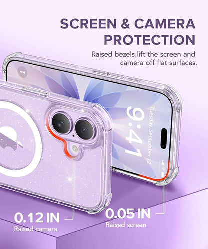 BERFY for iPhone 17 Case for Women, Clear Glitter Shockproof Protective Case, Anti-Yellowing, with Screen Protector & Camera Lens Protector 6.3", Magnetic Sparkle Clear