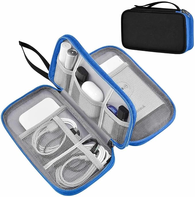 ZINMARK Portable Cable Organizer Case,Travel Pouch with Double-Layer Storage for Cables,Chargers,Earbuds & Phone,Black Blue– Small Size