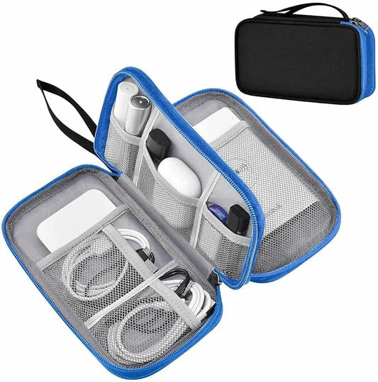 ZINMARK Portable Cable Organizer Case,Travel Pouch with Double-Layer Storage for Cables,Chargers,Earbuds & Phone,Black Blue– Small Size