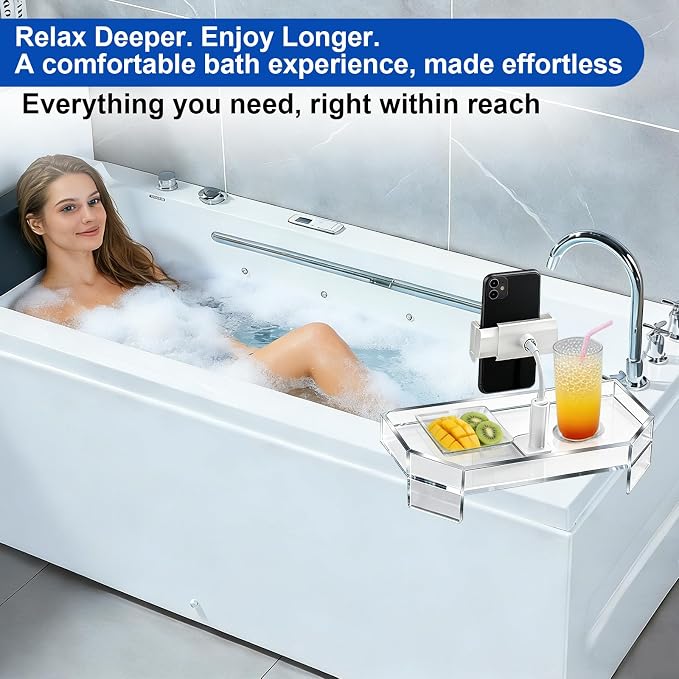 Clear Acrylic Bath Tub Tray Hot Tub Tray with Adjustable Phone&Tablet Holder, Modern Bath Table Tray for Bathtub,Spa Bath Caddy that Can Be Used as a Hot Tub Side Table,Fits Freestanding Square Tubs