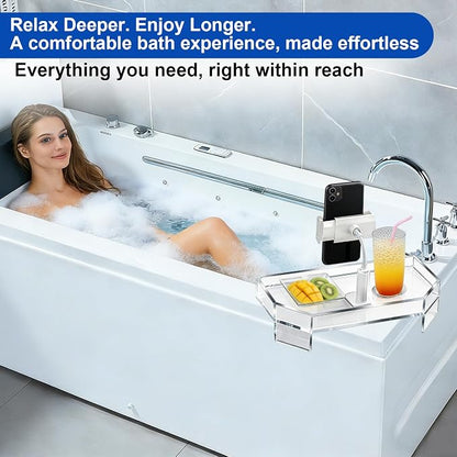 Clear Acrylic Bath Tub Tray Hot Tub Tray with Adjustable Phone&Tablet Holder, Modern Bath Table Tray for Bathtub,Spa Bath Caddy that Can Be Used as a Hot Tub Side Table,Fits Freestanding Square Tubs