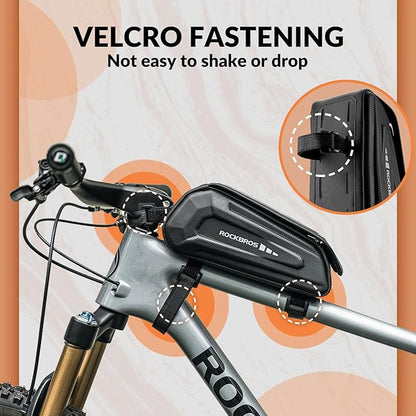 ROCKBROS Bike Phone Mount Racks & Bag, Oversized EVA Waterproof Bike Phone Holder Top Tube Front Frame Bag Bicycle Accessories Pouch for Phones Under 7.5” (Black-1.7L(Flip-top design))