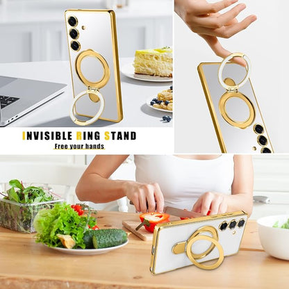 Magnetic Case for Samsung Galaxy S25 Case Stand & Ring Holder Compatible with MagSafe Built-in Camera Lens Protector Shockproof Phone Case for Samsung S25 - Gold