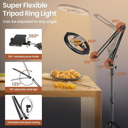 Ring Light Overhead Phone Mount with Casters, Dual-Purpose Floor/Desk Light Tripod for iPhone, Selfie Phone Tripod for Video Recording/Live Streaming/Cooking