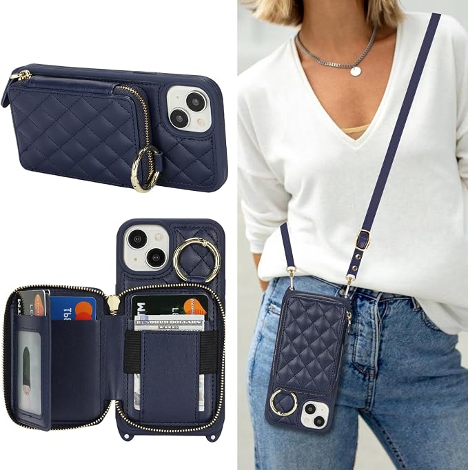 Crossbody Wallet Case for iPhone 14, PU Leather Zipper Handbag Purse Flip Cover, Kickstand Folio Case with Card Slots Holder Wrist Strap Lanyard 5G 6.1 Inch-Blue