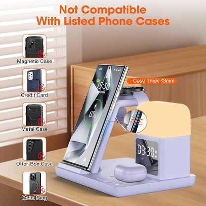 Wireless Charger for Samsung/Android Charging Station, 6 in 1 Fast Watch Charger with Alarm Clock-Night Light, Compatible for Galaxy S25 Ultra/S24, Only for Samsung Watch 8/7,Galaxy Buds3 Pro(Purple)