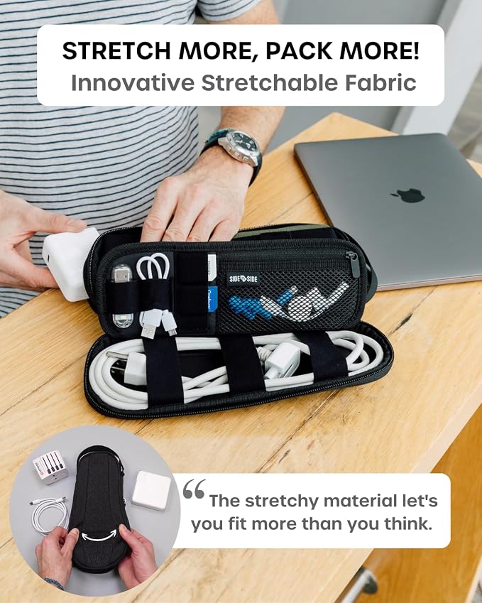 SIDE BY SIDE Electronics Organizer Travel Case for Cables, Charger, Power Bank – Tech Bag for MacBook Accessories, Adapter – Slim Cord Organizer Bag with Gift Box for Travel & Daily Use