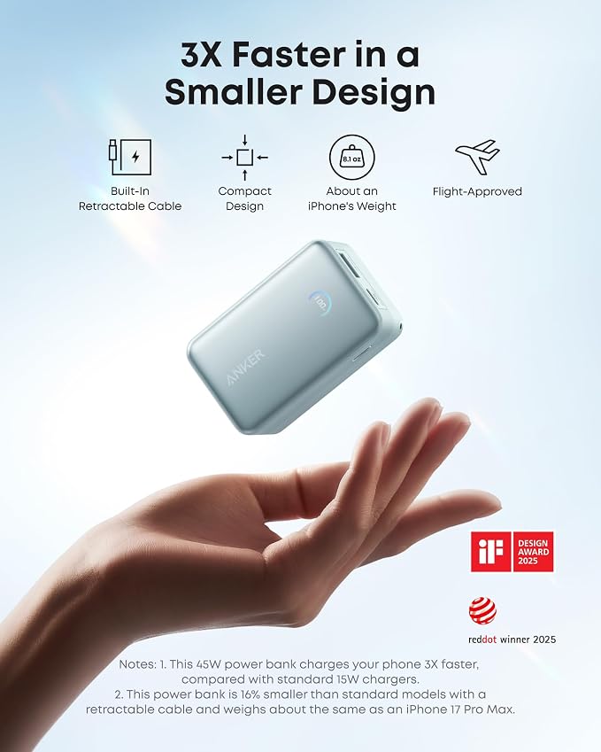 Anker Nano Portable Charger, 45W 10000mAh with 2.3 ft Retractable Cable, Compact Power Bank, Travel Essential Phone Battery Pack for iPhone 17/16 Series, iPad, Galaxy, Pixel, and More