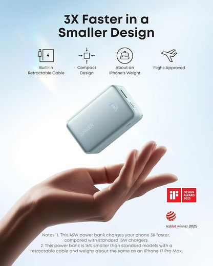 Anker Nano Portable Charger, 45W 10000mAh with 2.3 ft Retractable Cable, Compact Power Bank, Travel Essential Phone Battery Pack for iPhone 17/16 Series, iPad, Galaxy, Pixel, and More