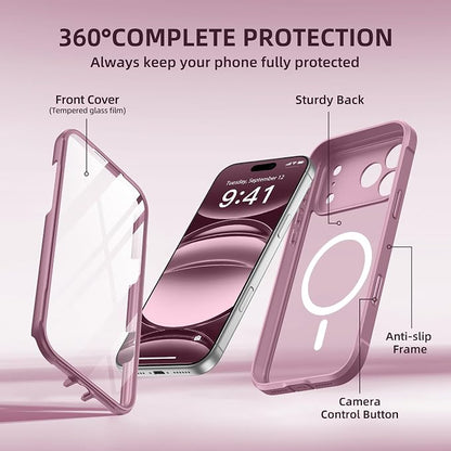 BERFY for iPhone 17 Pro Max Case, Compatible with MagSafe, Built-in Glass Screen Protector, Camera Protection, Shockproof Full Body Phone case 6.9", Translucent Palevioletred