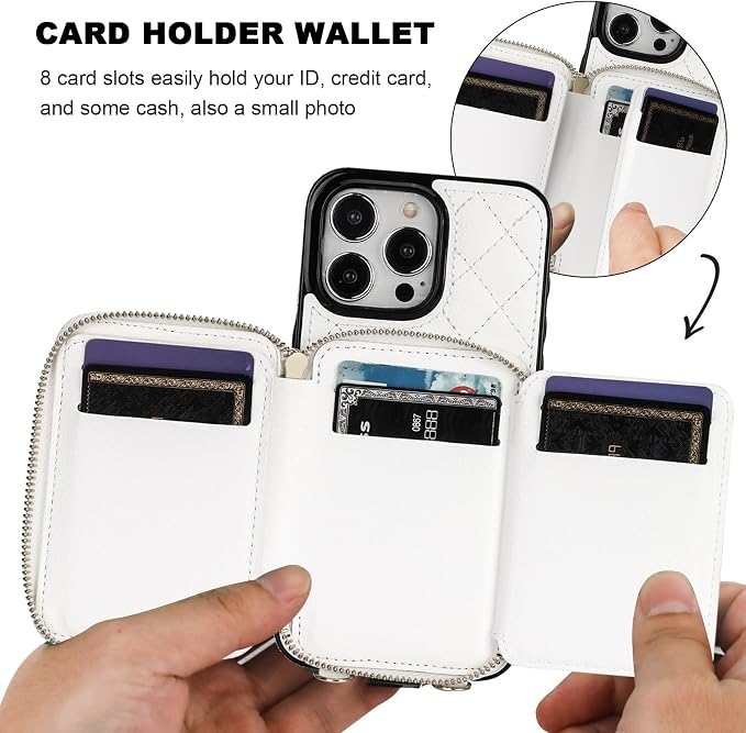 Bocasal Crossbody Wallet Case for iPhone 15 Pro Max, RFID Blocking PU Leather Zipper Handbag Purse Flip Cover, Kickstand Folio Case with Card Slots Holder Wrist Strap Lanyard 5G 6.7 Inch (White)