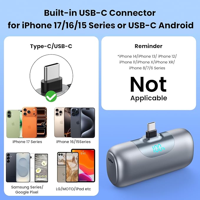 [2-Pack]Mini Portable Charger for iPhone 17/16,5500mAh LCD Display USB C Power Bank,Fast Phone Charging Travel Pocket Size Battery Pack for iPhone 17/17 Pro Max/Air/16/15 Series,Android(Black+Silver)