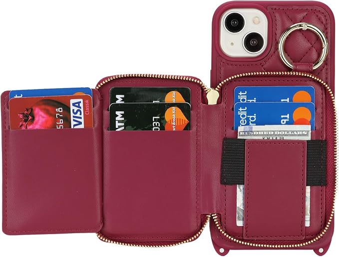 Crossbody Wallet Case for iPhone 14 Plus, PU Leather Zipper Handbag Purse Flip Cover, Kickstand Folio Case with Card Slots Holder Wrist Strap Lanyard 5G 6.7 Inch-Dark red