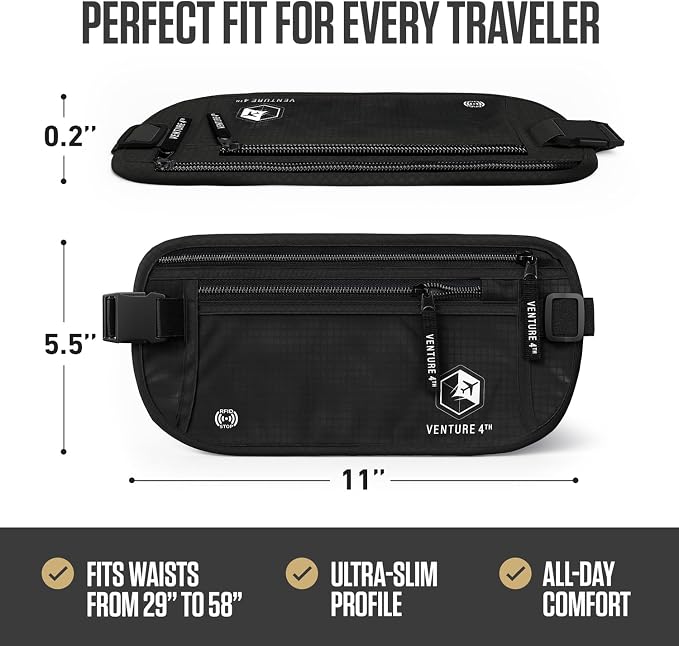 VENTURE 4TH Money Belt for Travel – Hidden Under-Clothes RFID Blocking Passport Holder & Slim Travel Wallet Pouch for Men & Women to Protect Cash, Cards & Documents (Pure Black)
