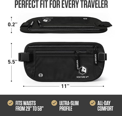 VENTURE 4TH Money Belt for Travel – Hidden Under-Clothes RFID Blocking Passport Holder & Slim Travel Wallet Pouch for Men & Women to Protect Cash, Cards & Documents (Pure Black)